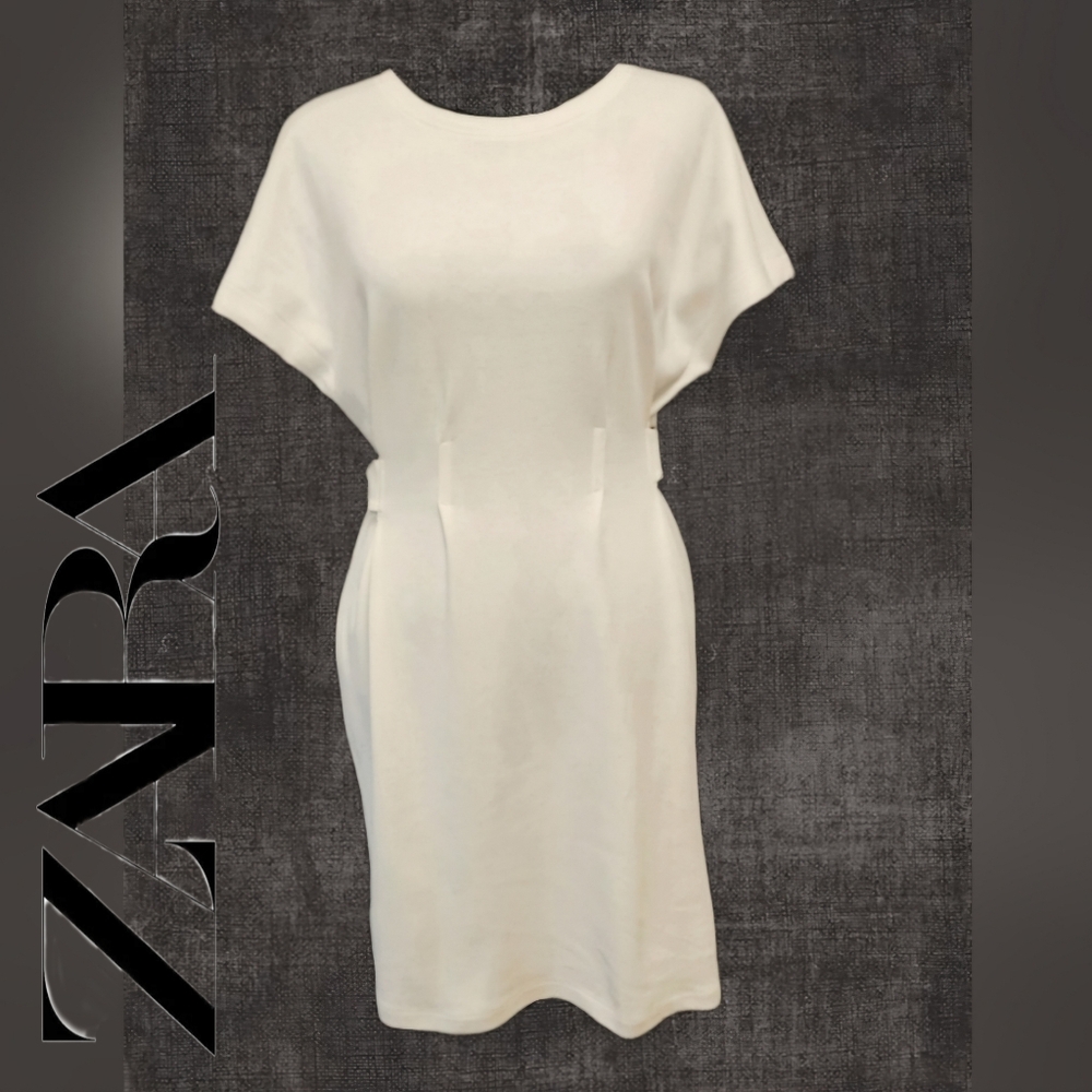 Zara White Knit Dress D-Ring Belted NWT Size Small (D9)